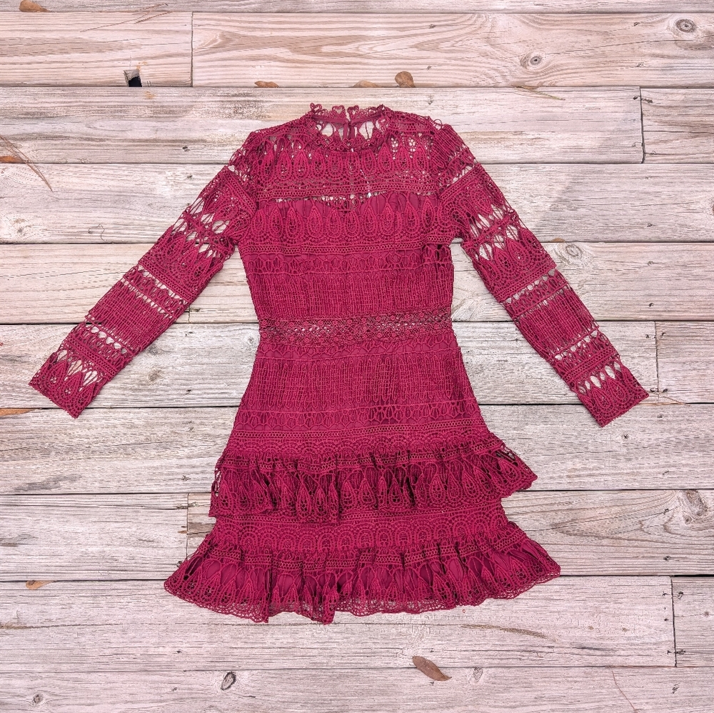 Two Sisters Dress Size 8 Burgundy Victorian Mini Long Sleeve Romantic Fitted Zip
